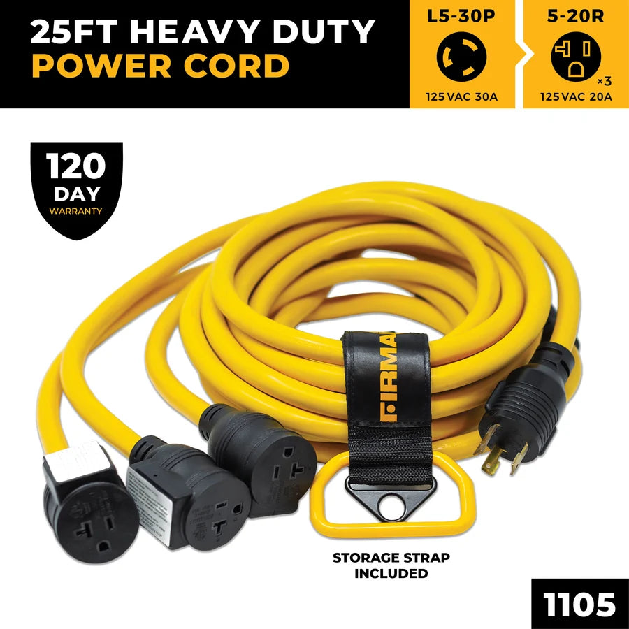 FIRMAN Heavy Duty Power Cord with Storage Strap, 25FT L5-30P to (3) 5-20R, view 3