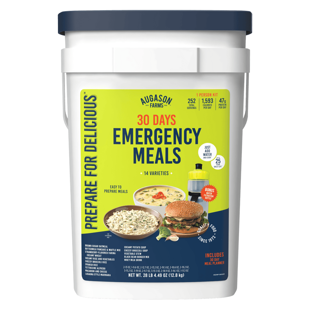 Augason Farms 1-Month Emergency Food Supply Kit with Water Filtration Bottle, Extra Calories per Day - 252 Servings
