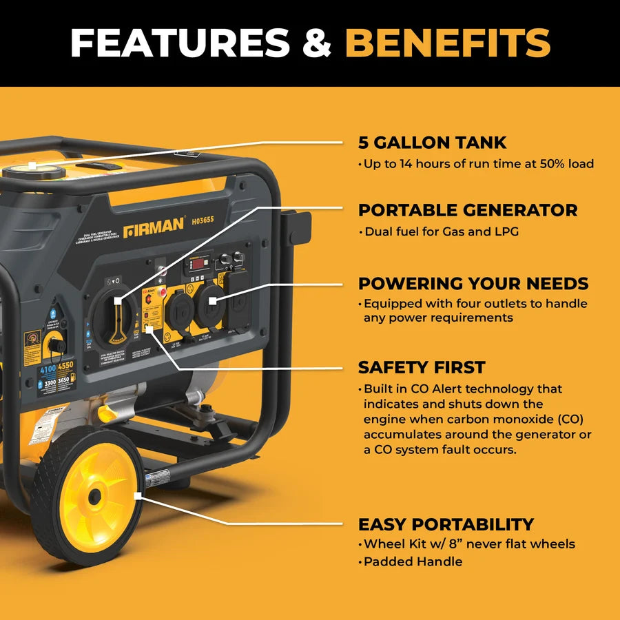 FIRMAN Dual Fuel Portable Generator Recoil Start, 4,550/3,650W, view 9