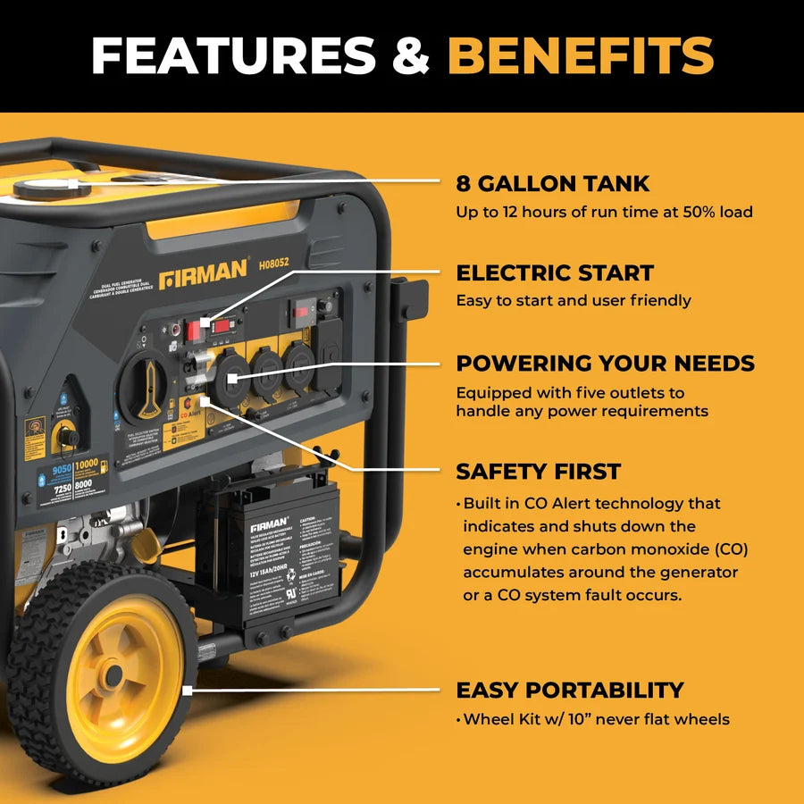 FIRMAN Dual Fuel Portable Generator with CO Alert Electric Start, 10,000/8,000W 120/240V, view 2