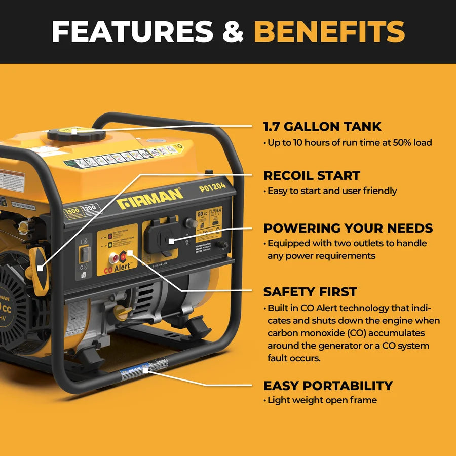 FIRMAN Gas Portable Generator with CO Alert Recoil Start, 1,500/1,200W, view 7
