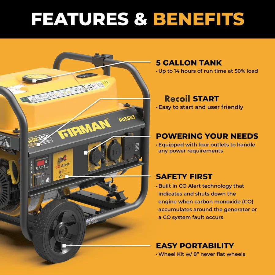 FIRMAN Gas Portable Generator with CO Alert Recoil Start, 4,450/3,550W 120V, view 10