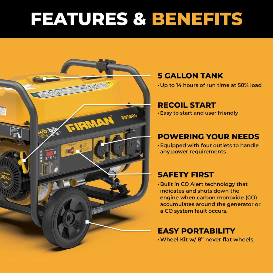 FIRMAN Gas Portable Generator with CO Alert Recoil Start, 4,450/3,550W 120V, view 2
