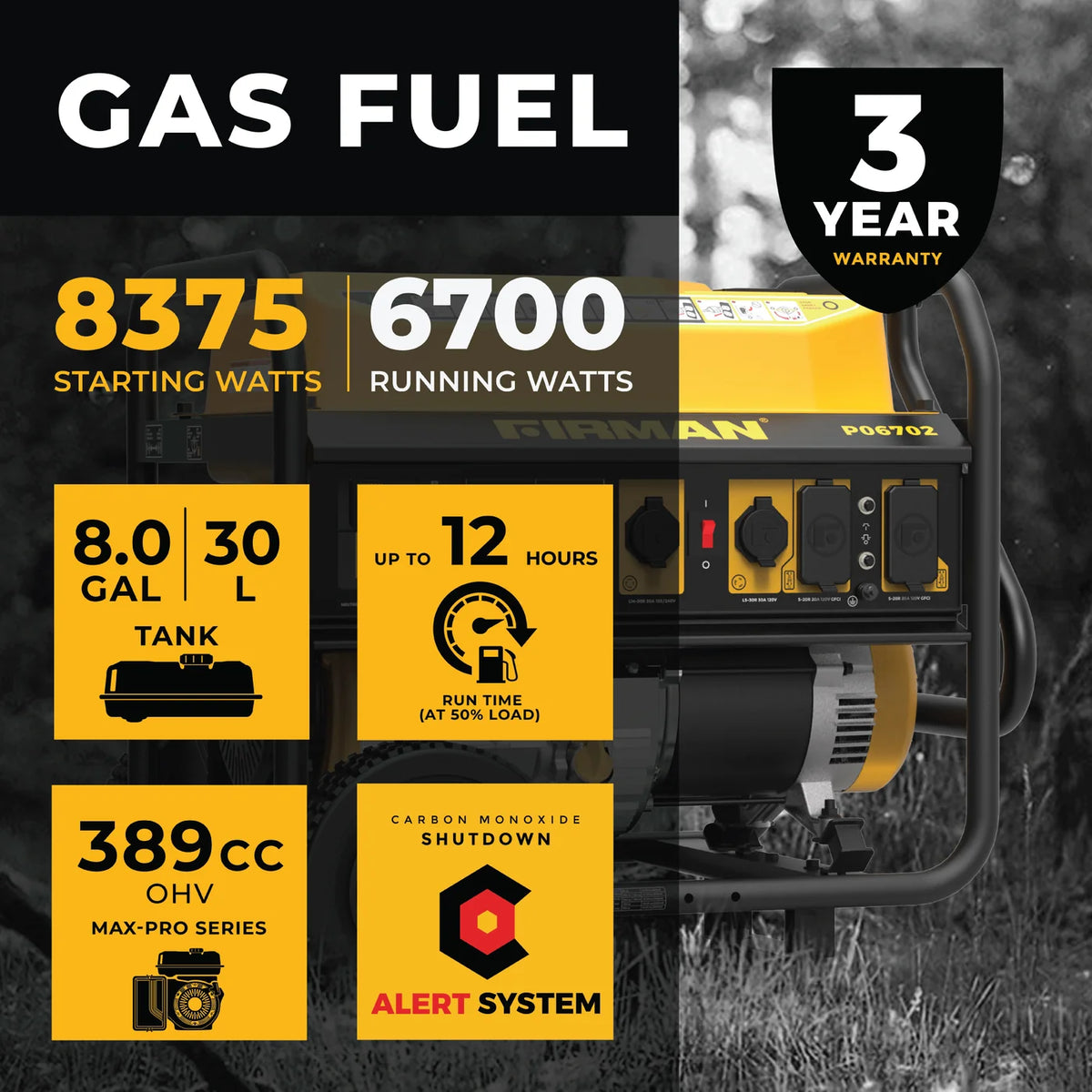 FIRMAN Gas Portable Generator with CO Alert Recoil Start, 8,375/6,700W 120/240V, view 3