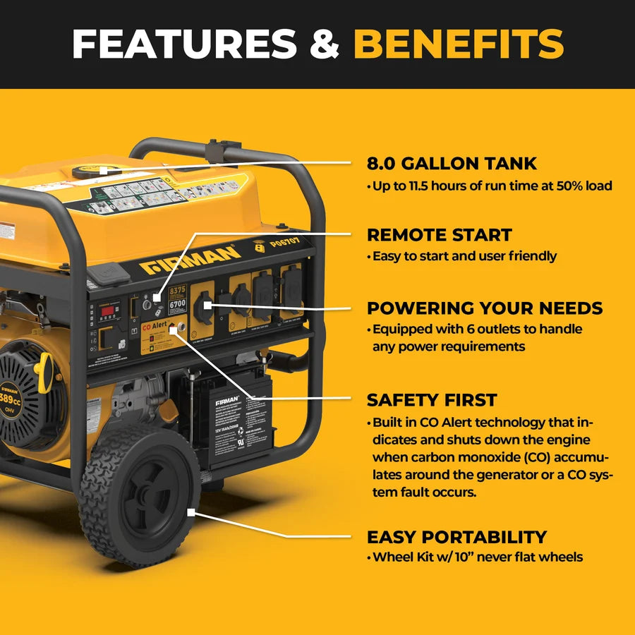 FIRMAN Gas Portable Generator with CO Alert Remote Start, 8,375/6,700W, view 8
