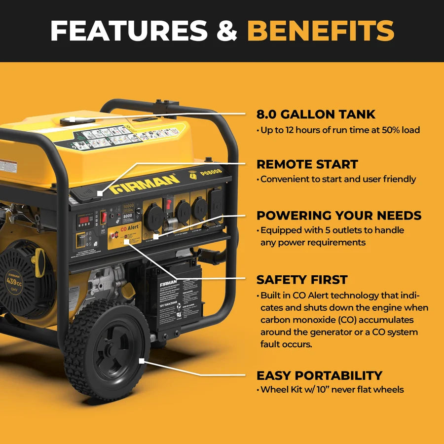 FIRMAN Gas Portable Generator with CO Alert Remote Start, 10,000/8,000W 120/240V, view 9