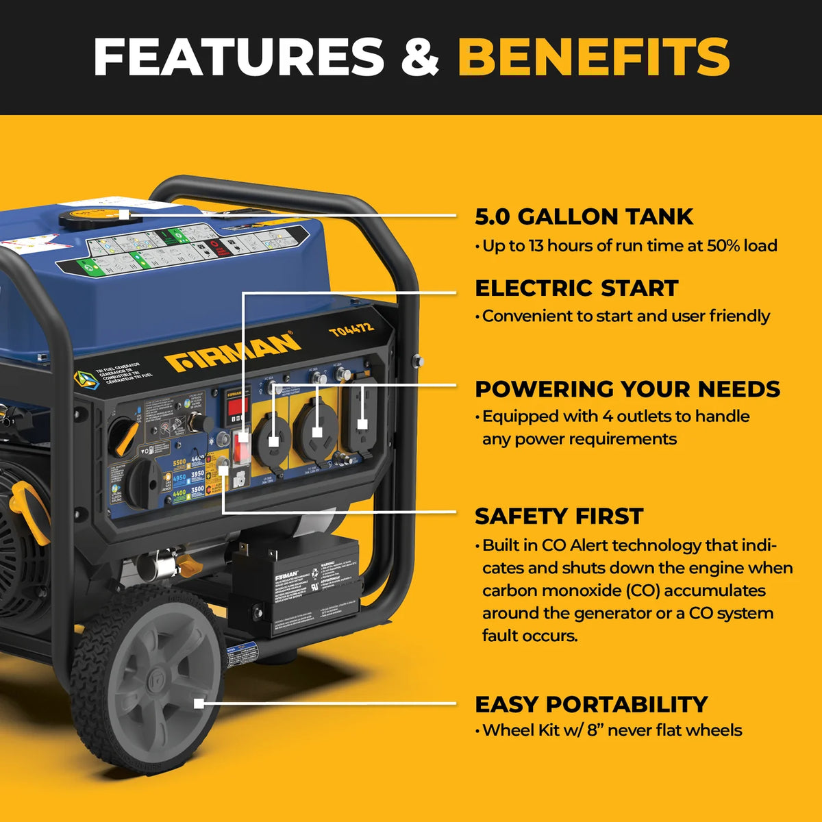 FIRMAN Tri-Fuel Portable Generator with CO Alert Electric Start, 5,500/4,400W, view 9