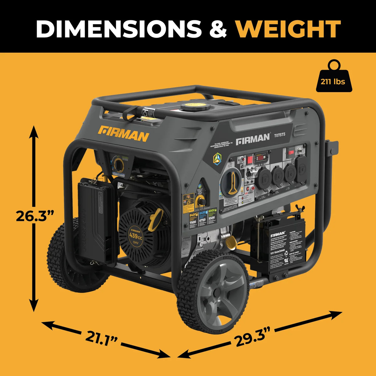 FIRMAN Tri-Fuel Portable Generator with CO Alert Electric Start, 9,400/7,500W, view 5