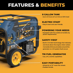 FIRMAN Tri-Fuel Portable Generator with CO Alert, Electric & Recoil Start, 10,000/8,000W, view 6