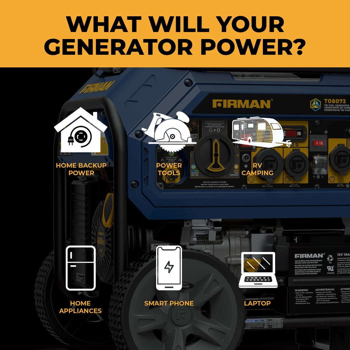 FIRMAN Tri-Fuel Portable Generator with CO Alert Electric Start, 10,000/8,000W, view 4