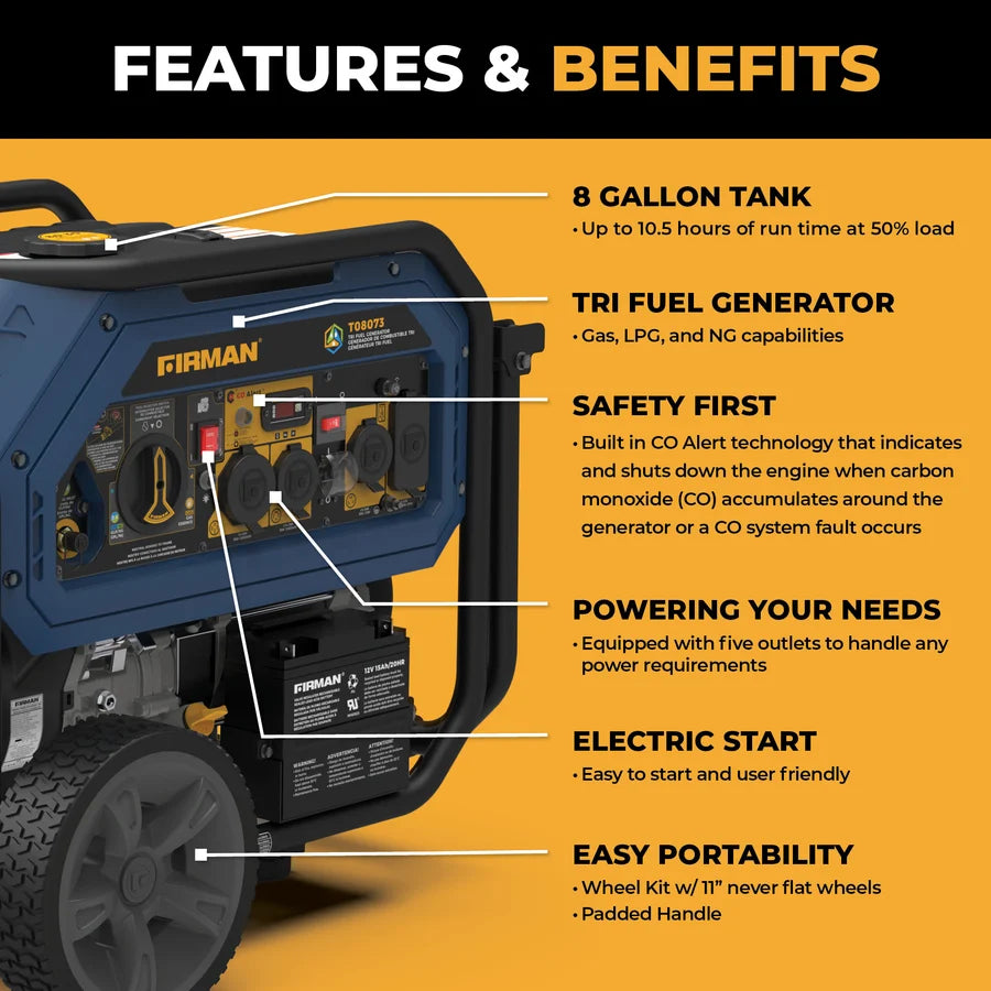 FIRMAN Tri-Fuel Portable Generator with CO Alert Electric Start, 10,000/8,000W, view 5
