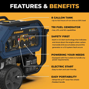 FIRMAN Tri-Fuel Portable Generator with CO Alert Electric Start, 10,000/8,000W, view 5
