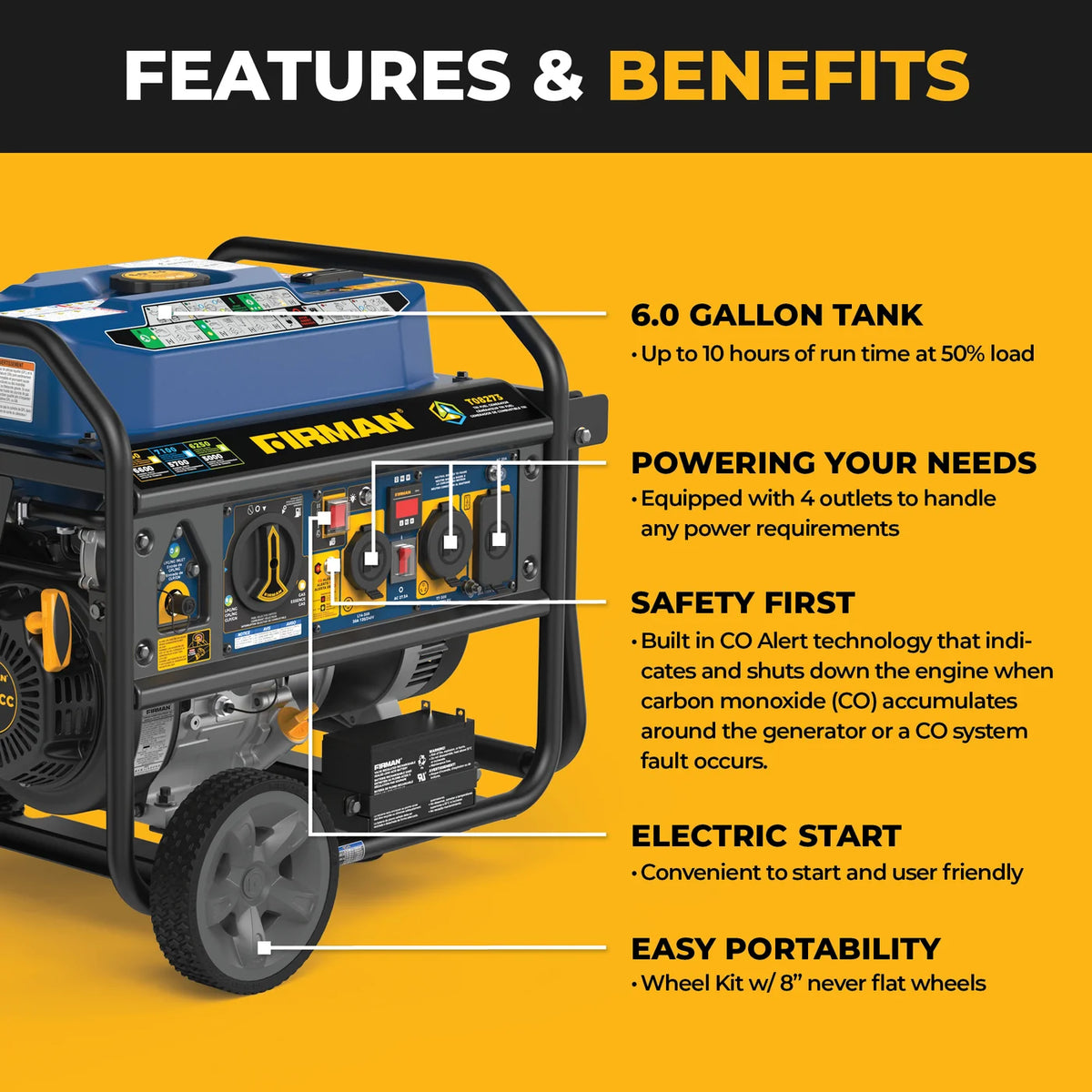 FIRMAN Tri-Fuel Portable Generator with CO Alert, 8,250/6,600W, view 8