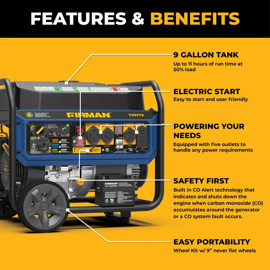 FIRMAN Tri-Fuel Portable Generator with CO Alert Electric Start, 11,600/9,300W, view 2