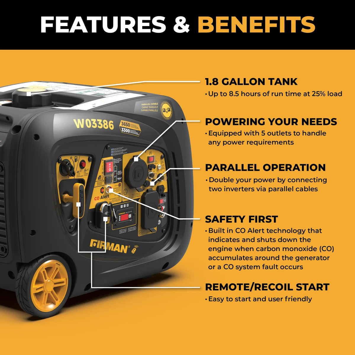FIRMAN Inverter Portable Generator with CO Alert Remote Start, 4,125/3,300W, view 4