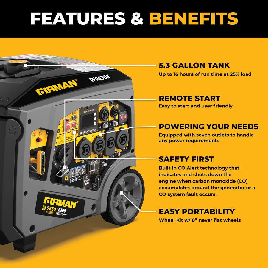 FIRMAN Gas Inverter Portable Generator with CO Alert, 7,850/6,300W 120/240V, view 9