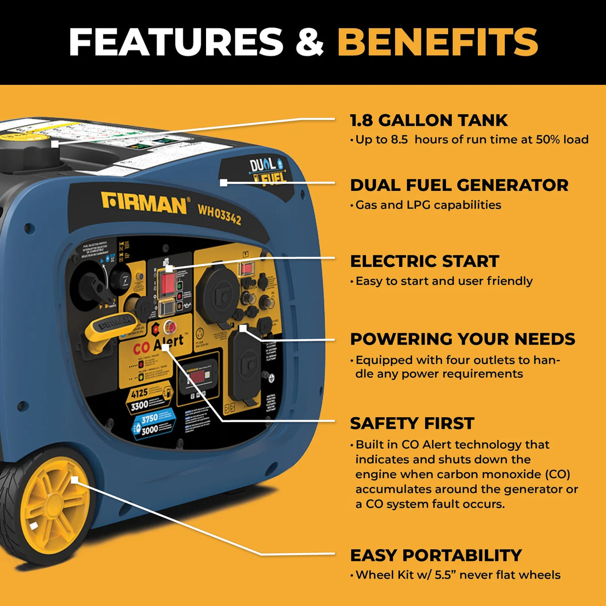 FIRMAN Dual Fuel Inverter Portable Generator with CO Alert Electric Start, 4,125/3,300W, view 6